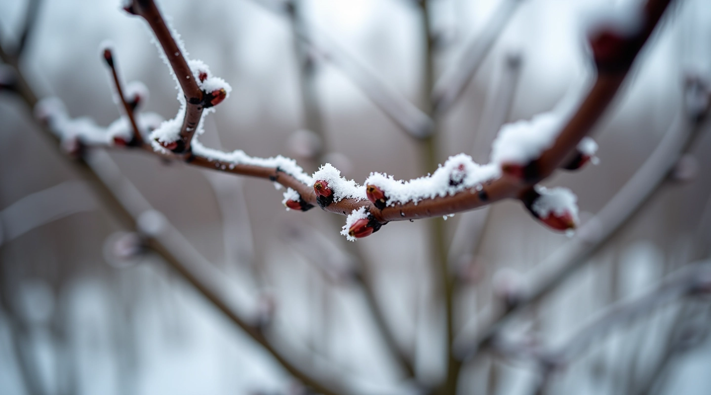 Apple tree branches with dormant buds during winter season, close-up detail of branch structure