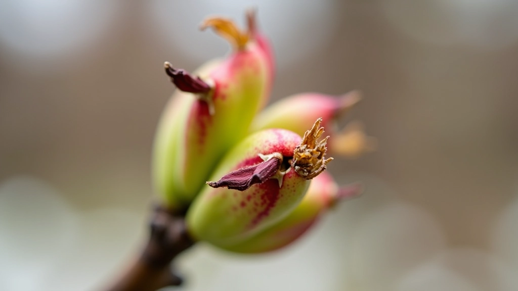 Winter buds and dormant branch tips showing different bud types on fruit tree