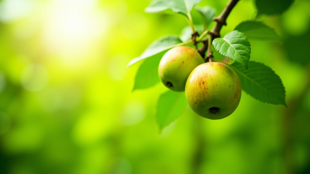 Fruit tree canopy in late spring showing vigorous new growth and developing young fruit on branches