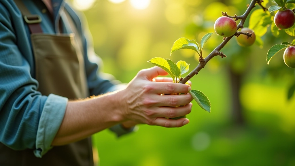 Gardener examining fruit tree canopy in spring, checking for disease and growth patterns