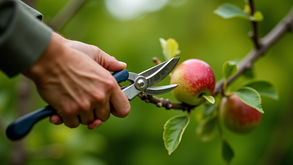 Hands holding pruning shears positioned on apple tree branch, demonstrating proper cutting angle