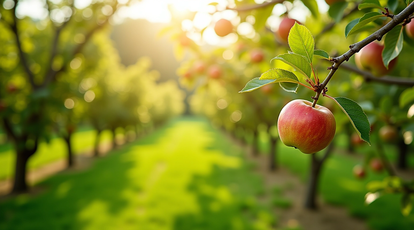 Mature fruit trees in an orchard showing healthy branch structure and growth patterns