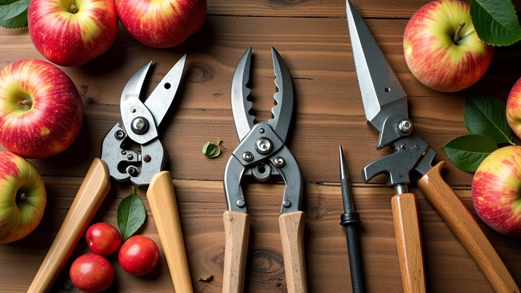 Collection of different pruning tools displayed on wooden surface, showing bypass shears, loppers, and pruning saw