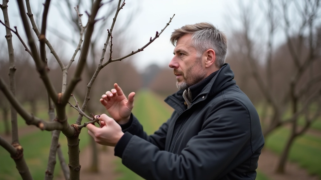 Gardener examining winter branch structure on apple tree, assessment and planning process