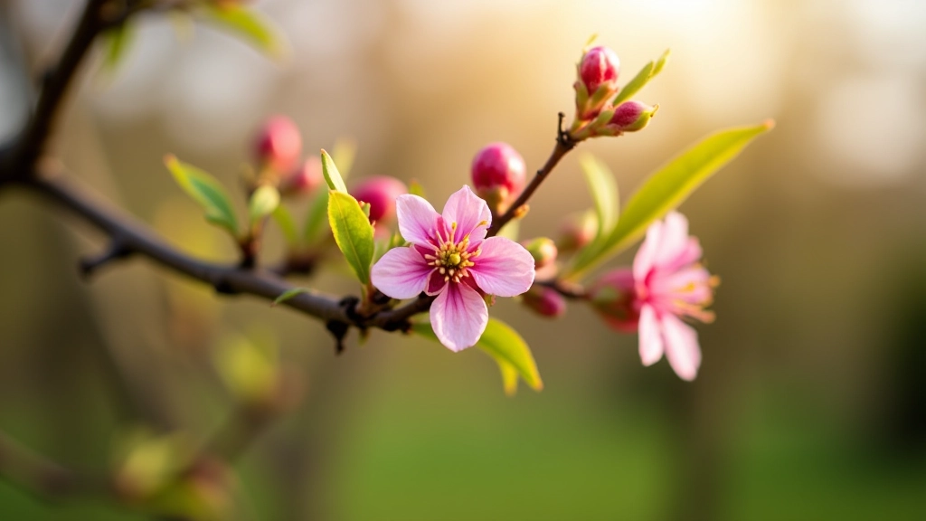 Plum tree branches in early spring showing flowering buds and new leaf development
