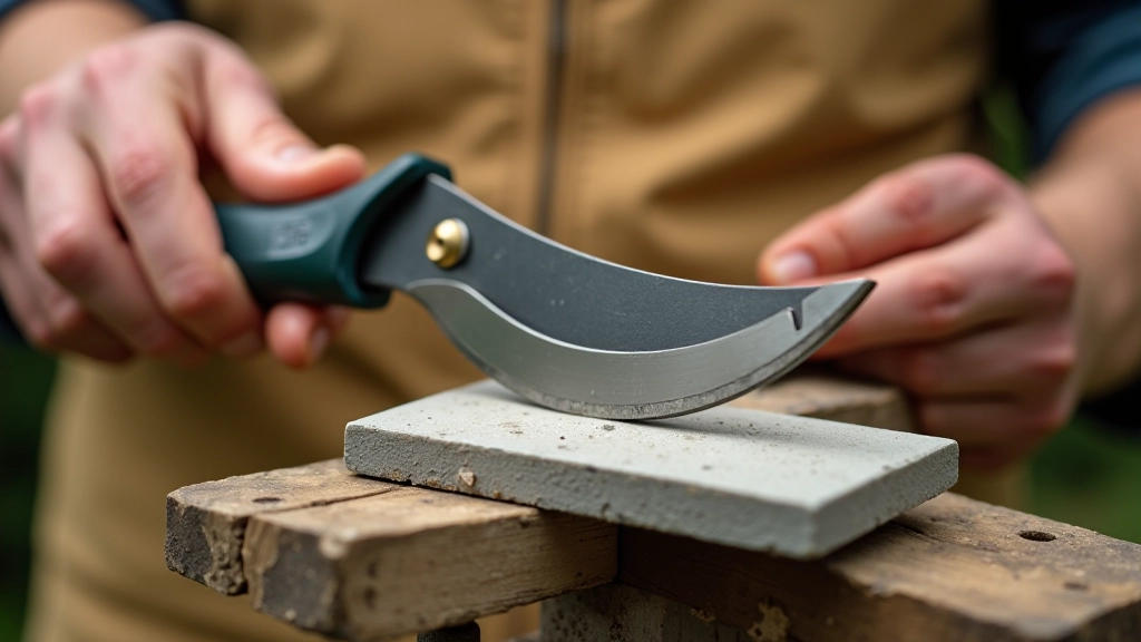 Pruning shear being sharpened on whetstone, showing proper angle for maintaining blade edge