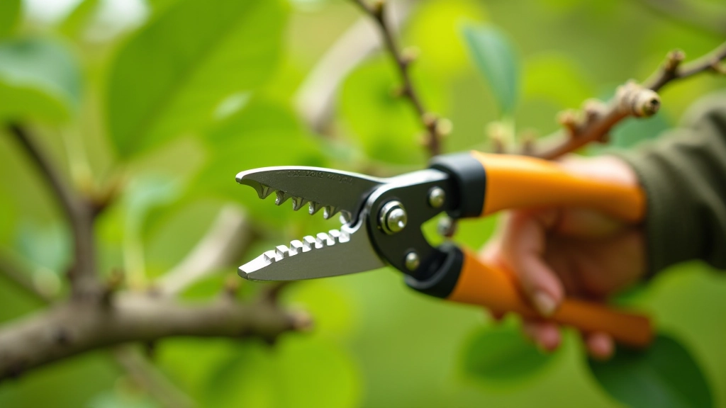 Close-up of pruning shear blade positioned at 45-degree angle against tree branch, showing proper cutting technique